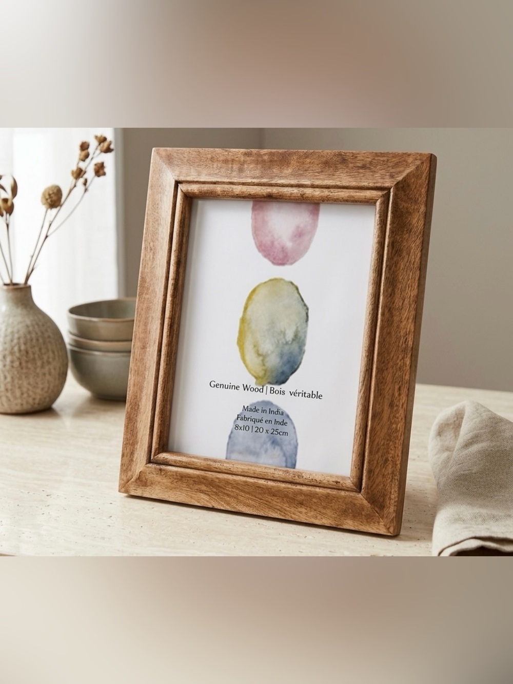 Genuine Wood Photo Frame with Watercolor Print - Natural Brown